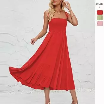 Летнее сексуальное богемное струящееся плиссированное многослойное платье макси с подтяжками S красный