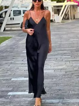 Летнее сексуальное черное вечернее длинное платье с V-образным вырезом женское элегантное однотонное облегающее платье с открытой спиной модное винтажное уличное платье без рукавов XS чёрный