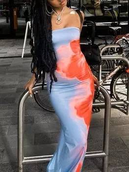 Летнее сексуальное длинное платье без бретелек с принтом женское элегантное платье с открытыми плечами и открытой спиной женское модное шикарное пляжное платье с разрезом Y2K облегающая одежда для вечеринок S синий