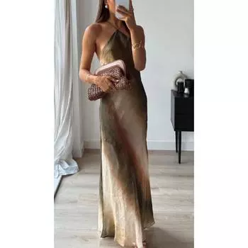 Летнее сексуальное длинное платье миди с принтом, женская мода, винтажные тонкие платья без рукавов, женская элегантная уличная одежда с вырезом M коричневый