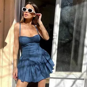 Летнее сексуальное джинсовое платье из искусственной джинсовой ткани с обернутыми темпераментом и пикантными ягодицами для женской одежды S синий