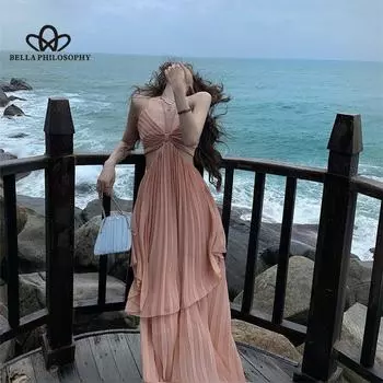 Летнее сексуальное французское платье с открытой спиной, новый стиль, элегантное морское праздничное пляжное платье, женское повседневное элегантное платье S розовый