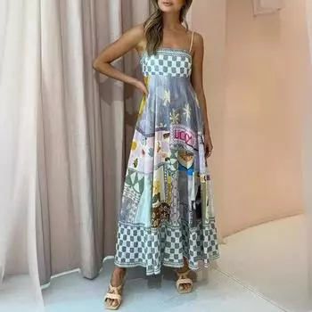 Летнее сексуальное хлопковое льняное платье с принтом и большим качелями на подтяжках для женщин S серый