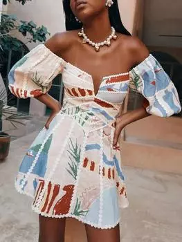 Летнее сексуальное мини-платье трапециевидной формы с пышными рукавами, женское милое короткое платье с открытыми плечами и принтом, модное шикарное кружевное платье с v-образным вырезом Y2k, одежда для вечеринок L синий