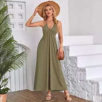 Летнее сексуальное платье без рукавов с висячим вырезом для женщин, модное плиссированное свободное вечернее платье с v-образным вырезом и открытой спиной, элегантное однотонное повседневное платье трапециевидной формы 1077 S чёрный