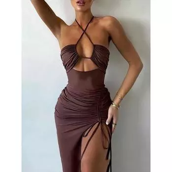 Летнее сексуальное платье для женщин без рукавов с открытой спиной с вырезами праздничное платье модное на шнуровке халтер облегающее элегантное платье с разрезом S коричневый