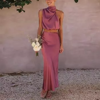 Летнее сексуальное платье из двух предметов без рукавов, женские элегантные атласные платья для торжественных случаев, однотонные повседневные комплекты платьев трапециевидной формы 25772 S чёрный