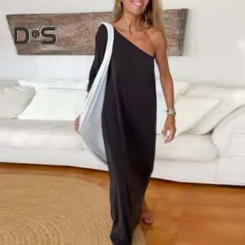 Летнее сексуальное платье макси с разрезом на шее и длинными рукавами, однотонное свободное платье, длинное платье с разрезом по бокам и уличной одеждой M темно-серого