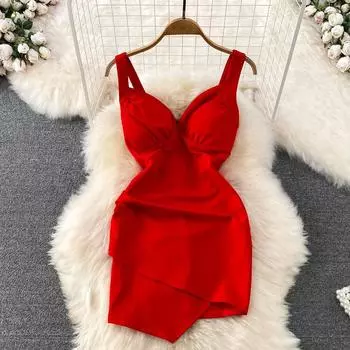 Летнее сексуальное платье на подтяжках с v-образным вырезом без груди с нерегулярной талией для похудения без рукавов маленькое короткое платье на бедрах