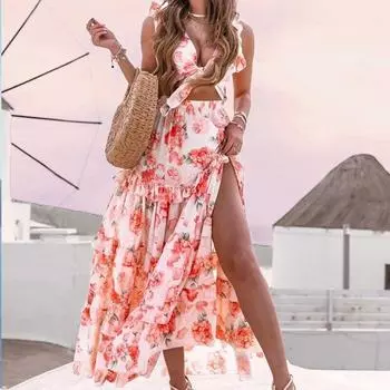 Летнее сексуальное платье с эластичной талией и бантом, с оборками, повседневное платье без рукавов с цветочным принтом, милое длинное платье в стиле бохо с V-образным вырезом и разрезом 26236 S орион