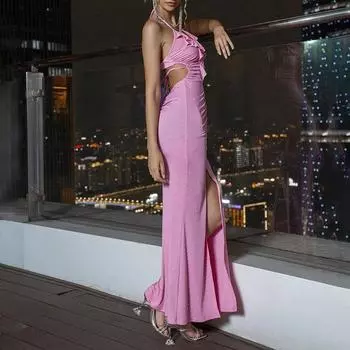 Летнее сексуальное платье с однострочным воротником, цыганским разрезом и плиссированной длинной юбкой XXXS