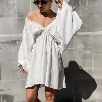 Летнее сексуальное платье с v-образным вырезом, женская мода с длинным рукавом, свободное плиссированное вечернее короткое платье, женское элегантное повседневное пляжное платье больших размеров, одежда S фиолетовый