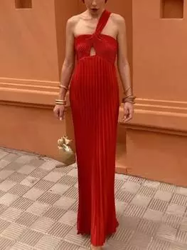 Летнее сексуальное плиссированное длинное платье с открытой спиной, женское элегантное ажурное платье без рукавов, женская мода, шикарная вечерняя одежда на одно плечо M зелёный