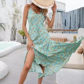 Летнее сексуальное пляжное платье без рукавов с цветочным принтом нестандартной формы для женщин, повседневное женское платье-комбинация с v-образным вырезом, модное платье Femme 25387 S орион