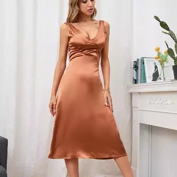 Летнее сексуальное тонкое платье с v-образным вырезом и открытой спиной, однотонное тонкое платье из искусственного шелка для женщин, банкетный топ на бретелях, длинное платье S-XL XL чёрный