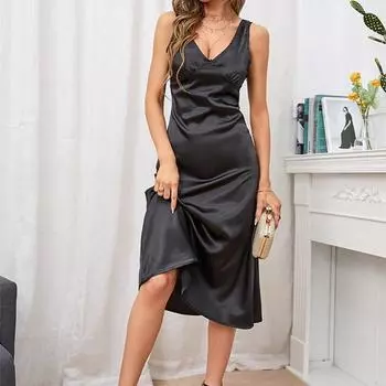 Летнее сексуальное тонкое платье с v-образным вырезом и открытой спиной, однотонное тонкое платье из искусственного шелка для женщин, банкетный топ на бретелях, длинное платье S-XL XL чёрный