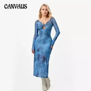 Летнее сексуальное V-образный вырез с длинным рукавом с принтом длинное платье женские платья M синий