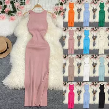 Летнее сексуальное витое однотонное вязаное платье с круглым вырезом и жилетом спереди и сзади, эластичные узкие платья на бедрах One Size