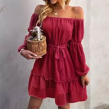 Летнее сексуальное женское платье с открытыми плечами и рюшами, элегантное вечернее платье с длинными рукавами, повседневное шифоновое мини-платье в стиле ретро, модное женское мини-платье с разрезом вырезом S чёрный