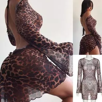 Летнее сексуальное женское платье с животным принтом, модное расклешенное платье с длинным рукавом и вырезом, вечернее клубное мини-леопардовое платье S леопардовый