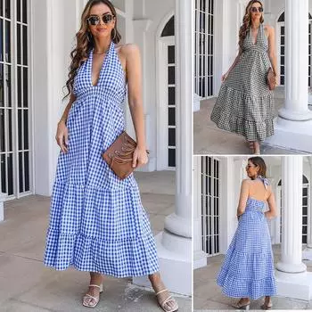 Летнее сексуальное женское платье трапециевидной формы в европейском и американском стиле с глубоким v-образным вырезом без рукавов и открытой спиной с оборками, большое распашное клетчатое платье трапециевидной формы S чёрный