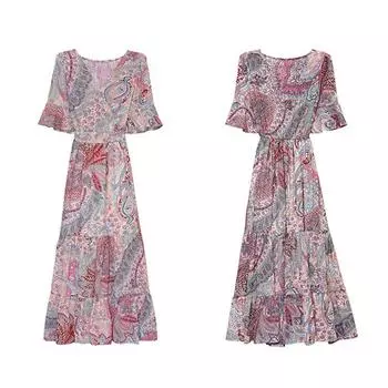 Летнее шифоновое длинное платье с цветочным принтом и v-образным вырезом на талии, повседневное платье 2XL