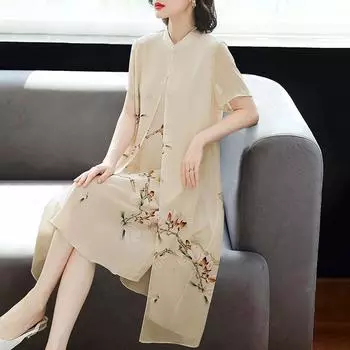 Летнее шифоновое платье-ципао для женщин, струящееся, свободного кроя, цветочный принт, винтажный стиль, элегантное и удобное XL бежевый