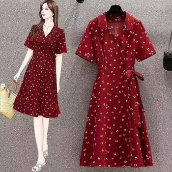 Летнее шифоновое платье размера плюс в стиле ретро длиной до колена красного цвета, идеально подходит для миниатюрных и пышных женщин, тонкий дизайн талии L чёрный