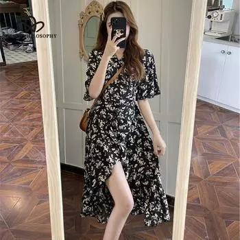 Летнее шифоновое платье с цветочным принтом во французском стиле, женское элегантное ретро-платье с v-образным вырезом, повседневное платье с принтом S чёрный