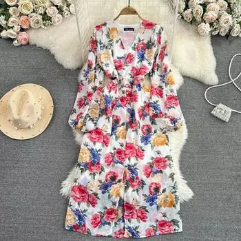 Летнее шикарное и элегантное платье женское шифоновое длинное платье с принтом Vestidos с v-образным вырезом и рукавами-фонариками миди Tarf для праздника, новинка для выхода в свет One Size чёрный