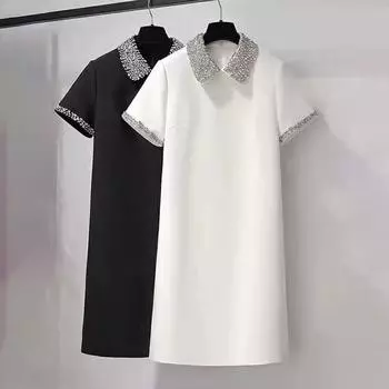 Летнее шикарное сверкающее платье с бриллиантами, расшитое бисером, платье-рубашка с коротким рукавом, модное офисное женское платье-футболка, мини-платье для женщин XXL белый