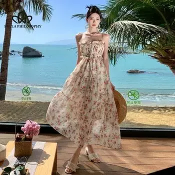 Летнее сказочное праздничное пляжное длинное платье на шнуровке, большая юбка, длинное платье с открытой спиной и французским принтом на бретельках S бежевый