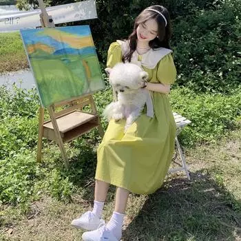 Летнее сладкое женское винтажное платье с воротником «Питер Пэн» с пышными рукавами, однотонные платья 2XL оранжевый