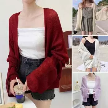 Летнее солнцезащитное пальто с открытой строчкой, свободный однотонный вязаный кардиган с длинными рукавами для офиса, теплый переменный ток хаки