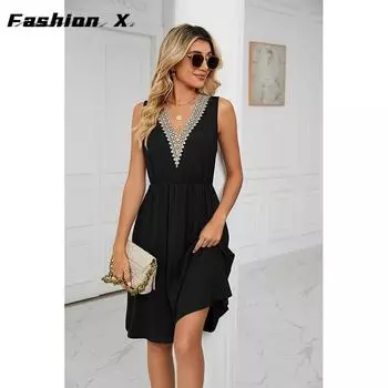 Летнее сплошное кружевное лоскутное платье с v-образным вырезом S чёрный