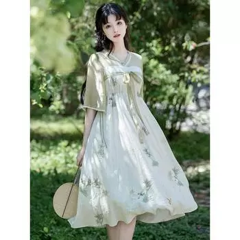 Летнее свежее художественное улучшение в китайском стиле Хань Элемент V-образным вырезом Фея Платье S дубильная кора