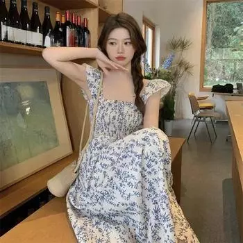 Летнее свежее платье без рукавов во французском стиле, мягкое облегающее платье с открытой спиной и высокой талией, тонкое длинное женское платье S синий