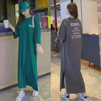 Летнее свободное длинное платье-футболка больших размеров с буквенным принтом 2XL зелёный