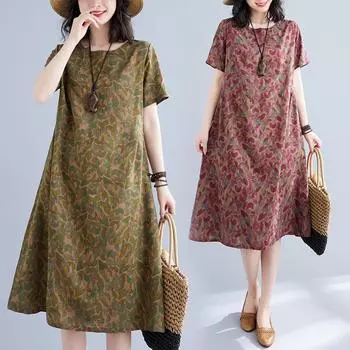 Летнее свободное хлопковое льняное платье с круглым вырезом и короткими рукавами для женщин, повседневные платья средней длины M красный
