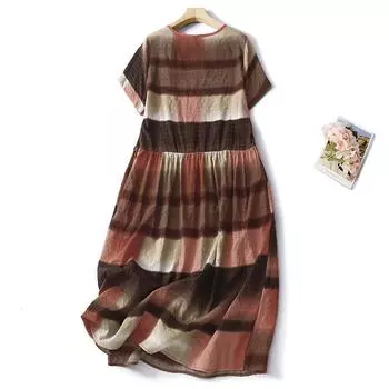 Летнее свободное хлопковое льняное платье с V-образным вырезом и короткими рукавами средней длины для женщин M синий