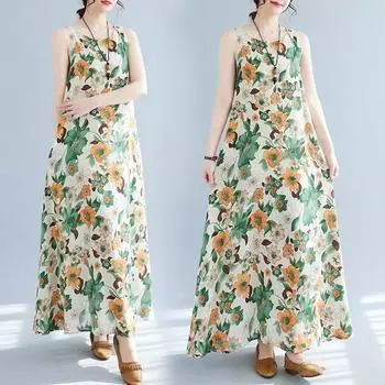 Летнее свободное хлопковое льняное платье без рукавов с принтом, женская жилетка, повседневные платья M зелёный