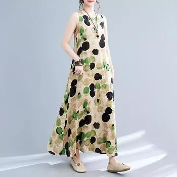 Летнее свободное хлопковое льняное платье с круглым вырезом без рукавов для женщин средней длины M