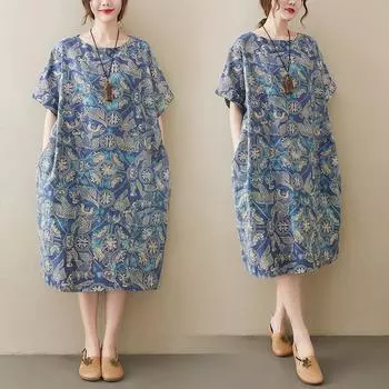 Летнее свободное художественное ретро-принтованное хлопковое льняное платье с короткими рукавами для женщин, прикрывающее тело, демонстрирующее худобу, повседневные платья M