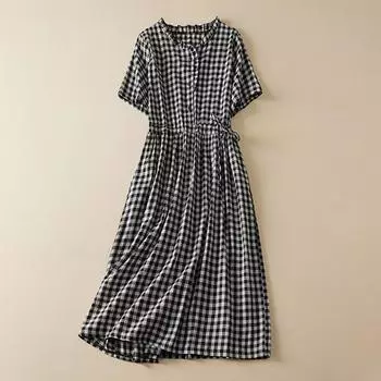 Летнее свободное клетчатое платье из хлопка и льна с короткими рукавами и женским поясом на талии, повседневные платья средней длины M
