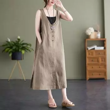 Летнее свободное однотонное хлопковое конопляное платье с V-образным вырезом без рукавов средней длины для женщин M хаки