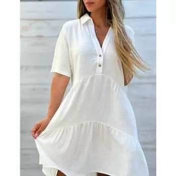 Летнее свободное однотонное повседневное платье с короткими рукавами из хлопка и льна с лацканами для женщин S желто-зеленый