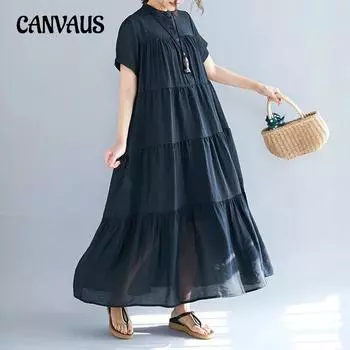 Летнее свободное однотонное женское платье средней длины с большим подолом и большим размером One Size чёрный