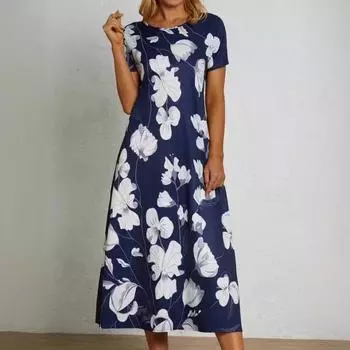 Летнее свободное платье А-силуэта с короткими рукавами и принтом, модные длинные повседневные платья для женщин S