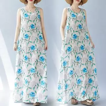 Летнее свободное платье без рукавов с круглым вырезом и принтом средней длины для женщин, повседневные платья M