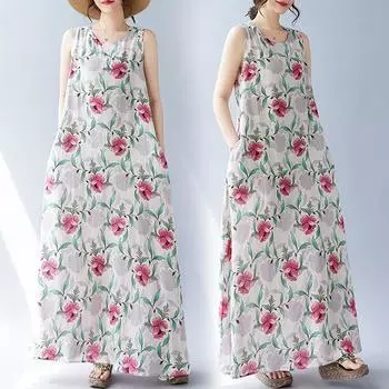 Летнее свободное платье без рукавов с круглым вырезом и принтом средней длины для женщин, повседневные платья M